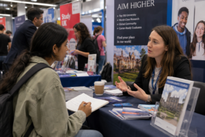 Prospective international student speaking with a university representative at an education fair booth while taking notes, surrounded by brochures and a busy event atmosphere.