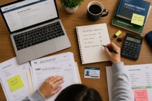 Overhead view of a student organizing tax documents on a desk, with a laptop displaying a tax filing portal, income statements, student ID card, calculator, coffee cup, and a checklist showing Income Documents, Tuition Forms, Tax Return, and Refund Submitted marked complete.