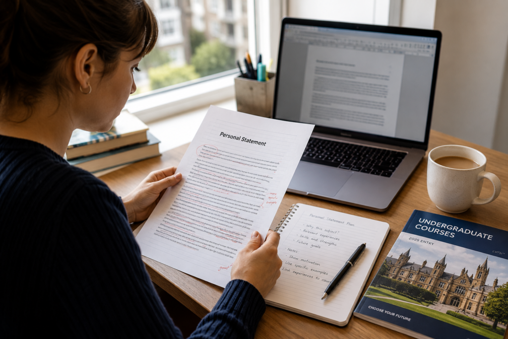 Student reviewing a printed personal statement at a desk near a window, with handwritten notes, a university course brochure, a laptop displaying a blurred document, and a cup of coffee, preparing a UCAS university application for the UK.