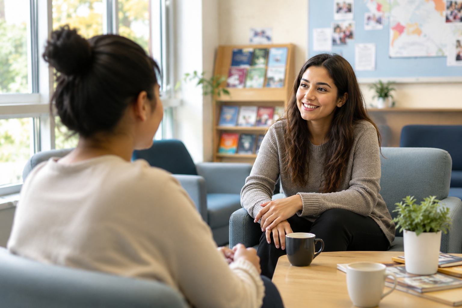 International student speaking with a university counselor in a welcoming campus support center, with natural light, student resources, and a relaxed atmosphere that encourages mental health support and adjustment to studying abroad.