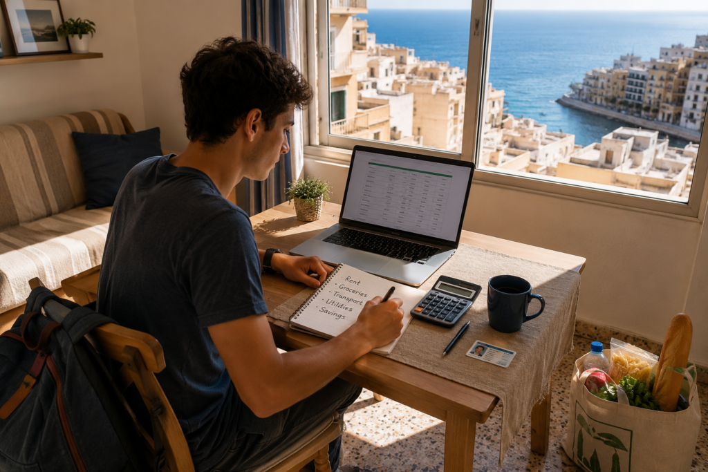 International student planning a monthly budget in a rented apartment in Malta with a laptop, notebook, calculator, groceries, and a Mediterranean coastal view through the window.