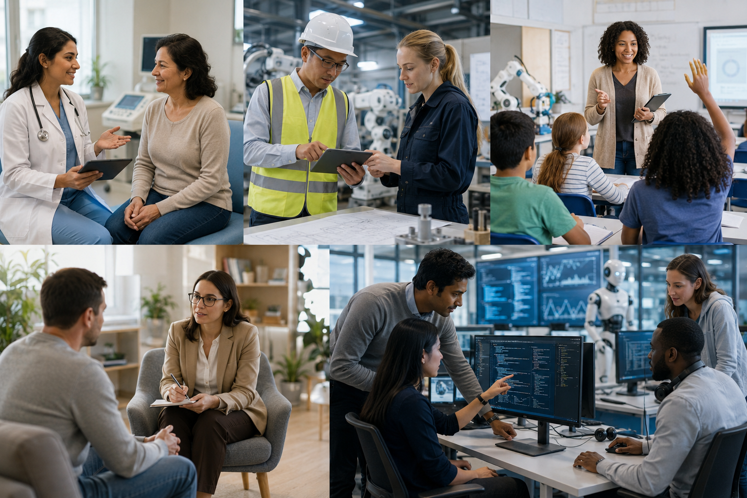 Healthcare professionals, engineers, teachers, psychologists, and AI specialists collaborating in modern workplaces with supportive AI technology, illustrating future-proof careers that depend on human expertise, creativity, and interpersonal skills.