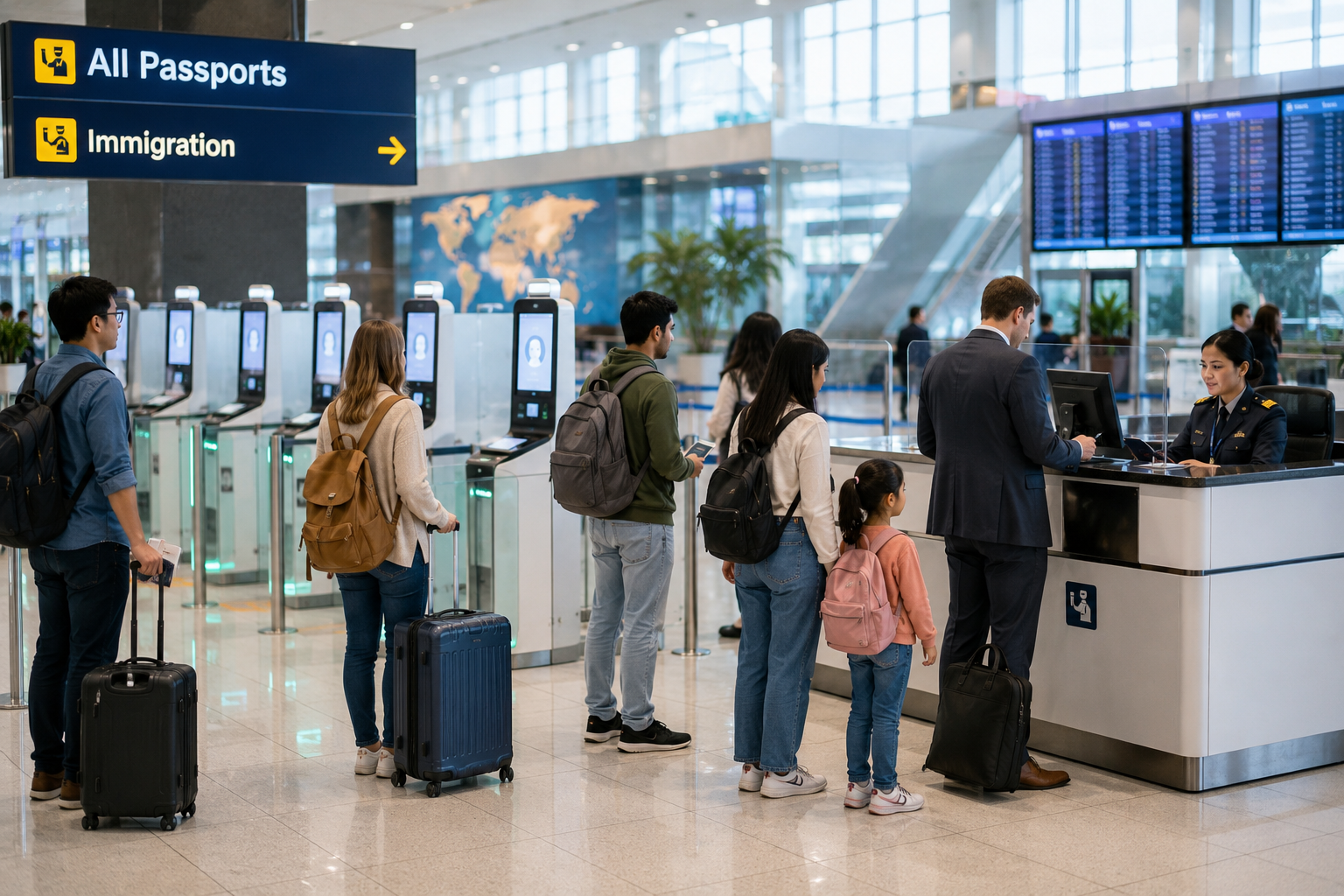 International travelers using self-service e-gates and speaking with an immigration officer at a modern airport, illustrating global immigration policy trends, digital border processing, and international mobility in 2025–2026.