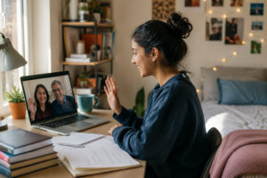 International student studying in a university dorm room while video calling supportive parents, illustrating a healthy balance between parental support and independence during studying abroad.