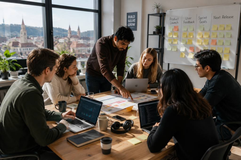 International student intern collaborating with a diverse startup team in a modern coworking office in Vilnius, Lithuania, during a product planning meeting.