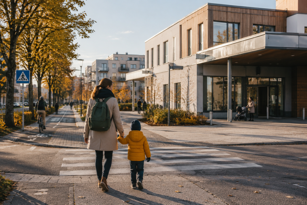 Parent and young child walking to a neighborhood healthcare clinic in Finland through a safe residential area with autumn trees, bicycle lanes, and modern Scandinavian architecture.