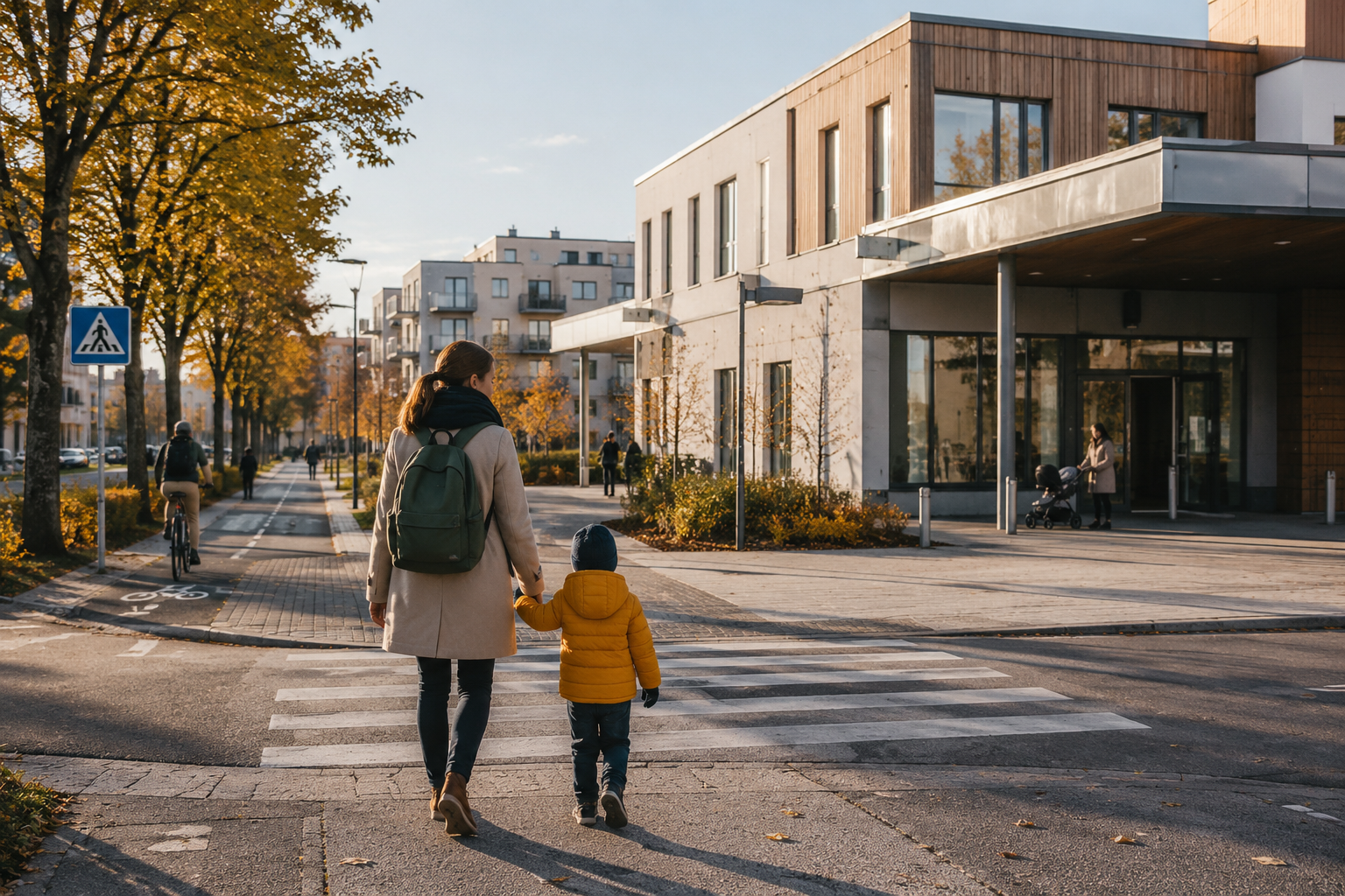 Parent and young child walking to a neighborhood healthcare clinic in Finland through a safe residential area with autumn trees, bicycle lanes, and modern Scandinavian architecture.