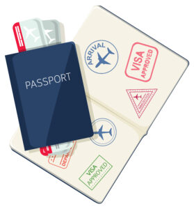 Passport with visa stamps and boarding passes, illustrating visa conditions, travel documentation, and immigration requirements for international students and migrants.