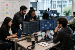 Diverse software engineers collaborating in a modern technology office with code displayed on monitors and a virtual interview in progress, representing H-1B visa-sponsored careers at leading US tech companies.