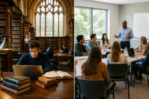 Split-screen comparison showing a student studying independently in a historic UK university library alongside students participating in an interactive classroom discussion with a professor at a modern US university.