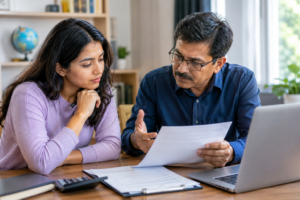 International student reviewing an education loan agreement with a co-signer