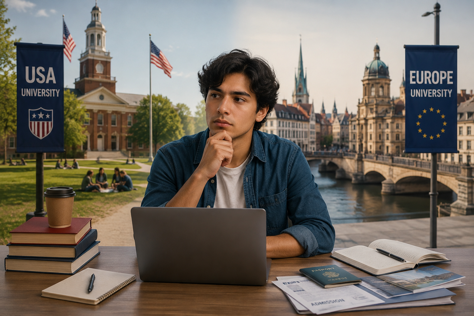 Young international student comparing study and career options between an American university campus and a European university city environment.