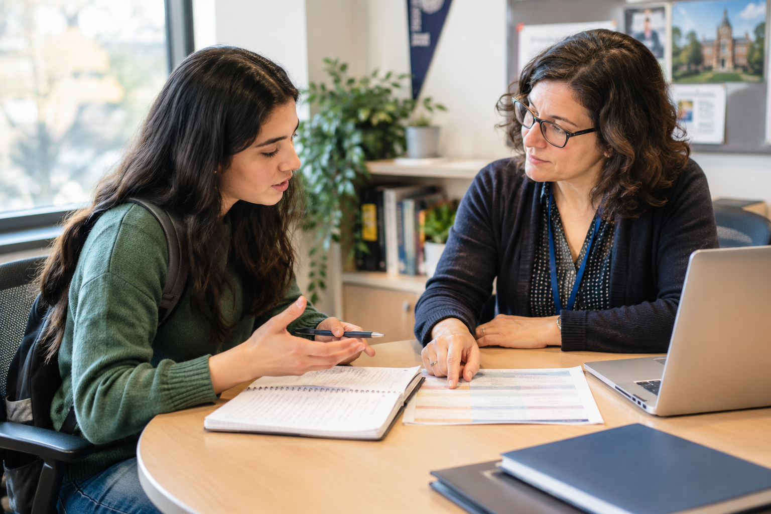 A photorealistic editorial photograph of a university student and academic advisor sitting at a small table in a quiet campus office.