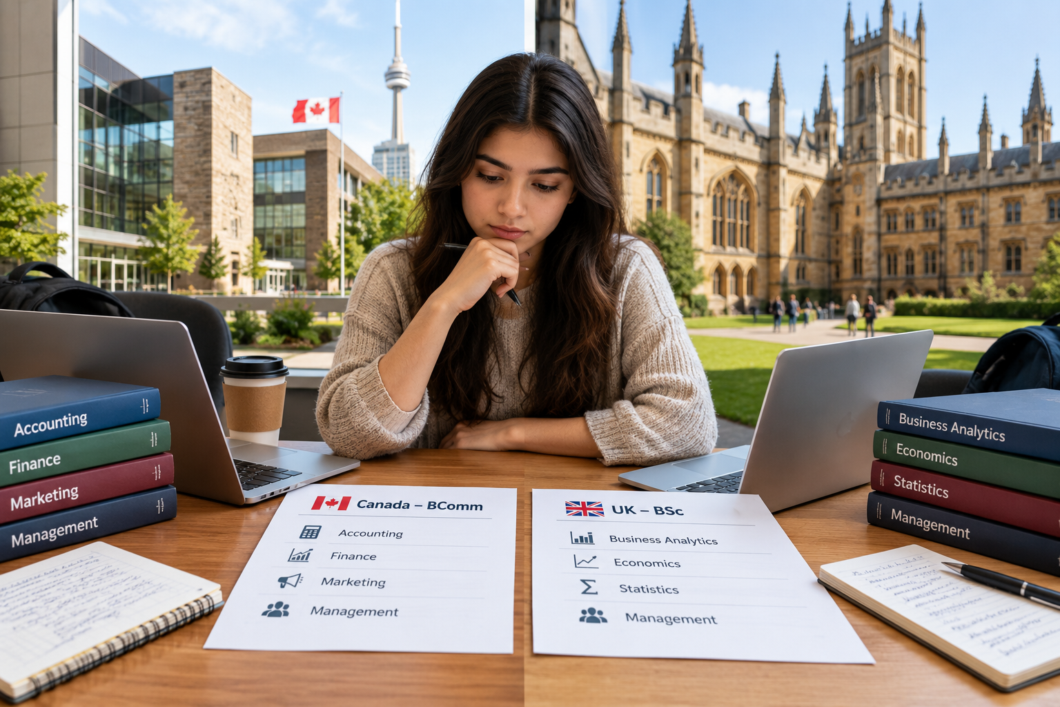 Student comparing Canada’s BComm and the UK’s BSc undergraduate business degree pathways, with course materials and university settings representing each option.