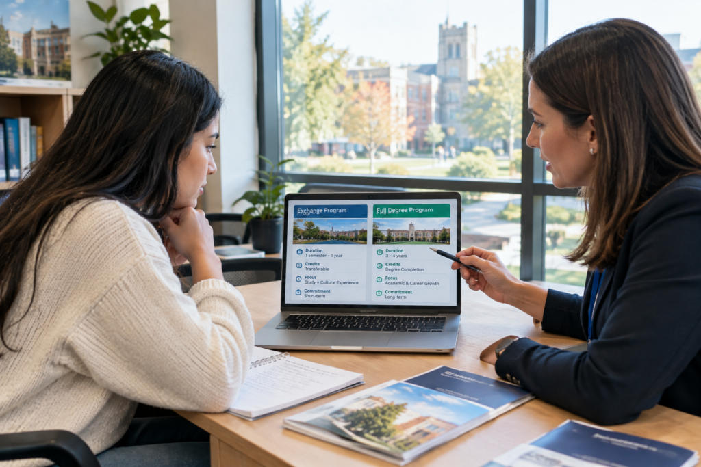 A student sits across from an international student advisor in a university office. They are looking at a laptop together, with the screen showing two realistic academic planning options: one shorter exchange timeline and one multi-year degree timeline. A few university brochures and a notebook are naturally placed on the desk.