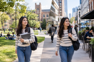 Student comparing campus university life with a city university environment