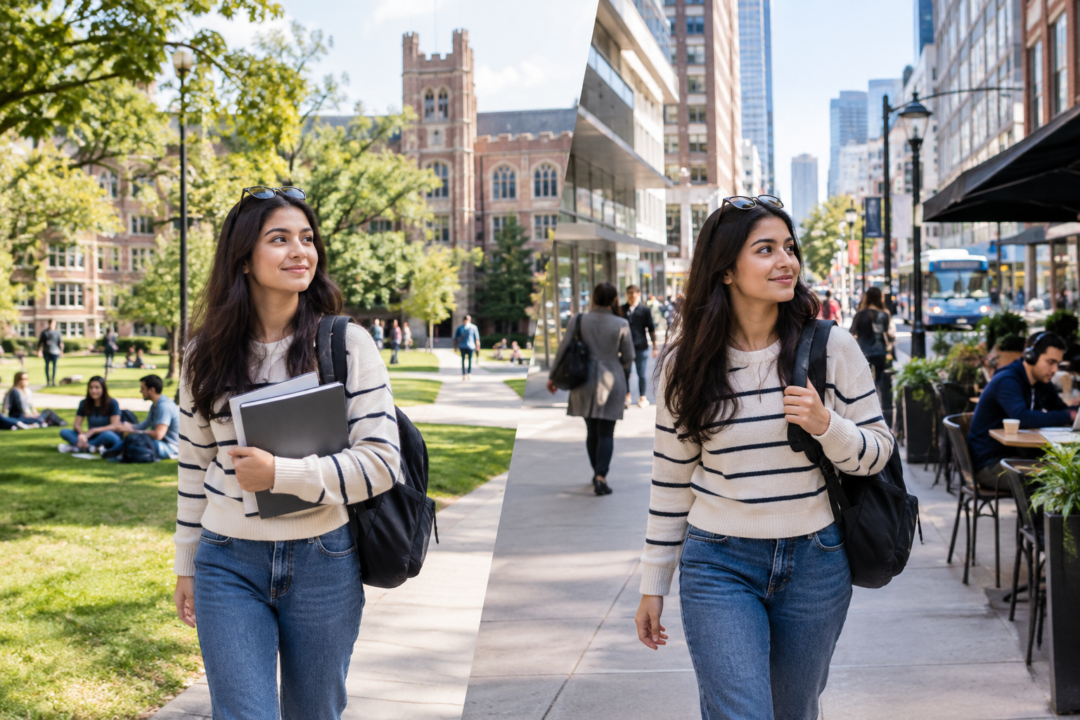 Student comparing campus university life with a city university environment