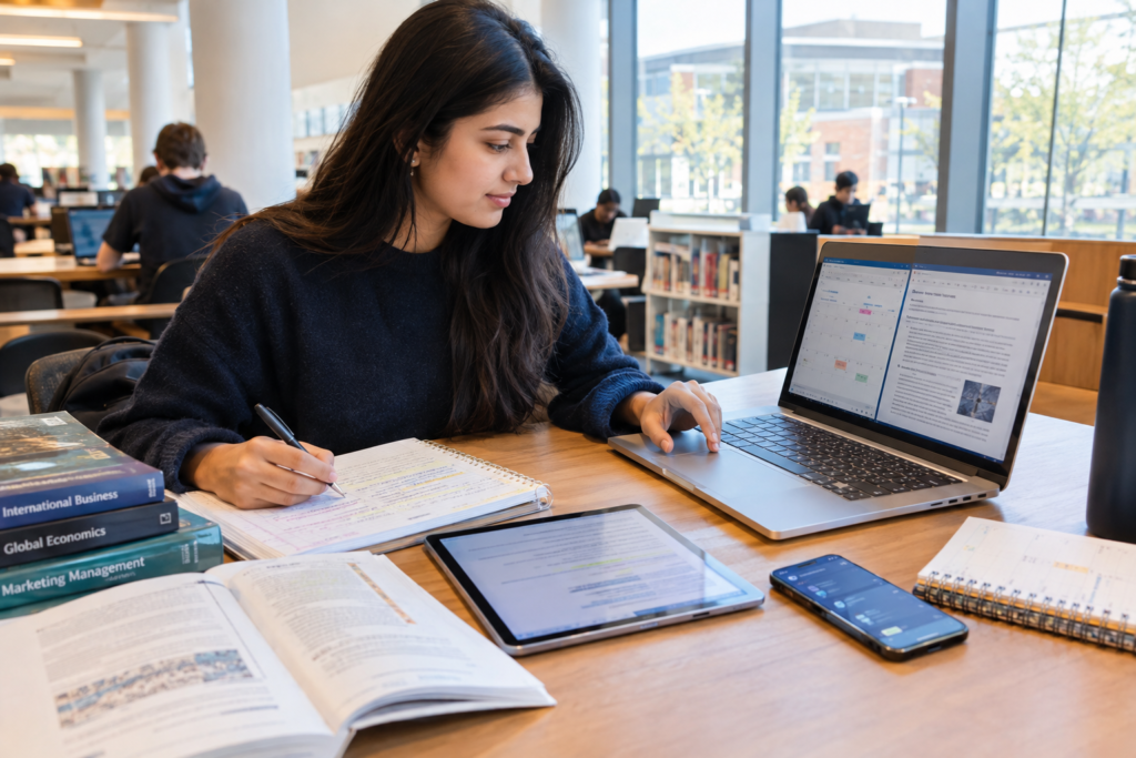 International student studying with a laptop, tablet, smartphone, textbooks, and handwritten notes at a study table.