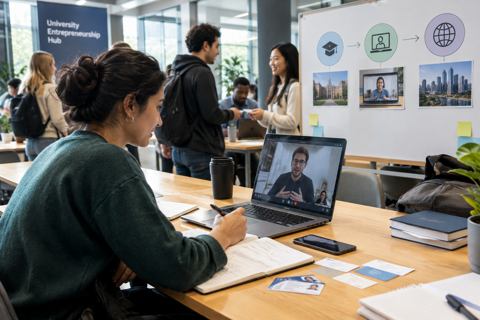 University student building a global business network through online collaboration and in-person connections at an entrepreneurship hub.