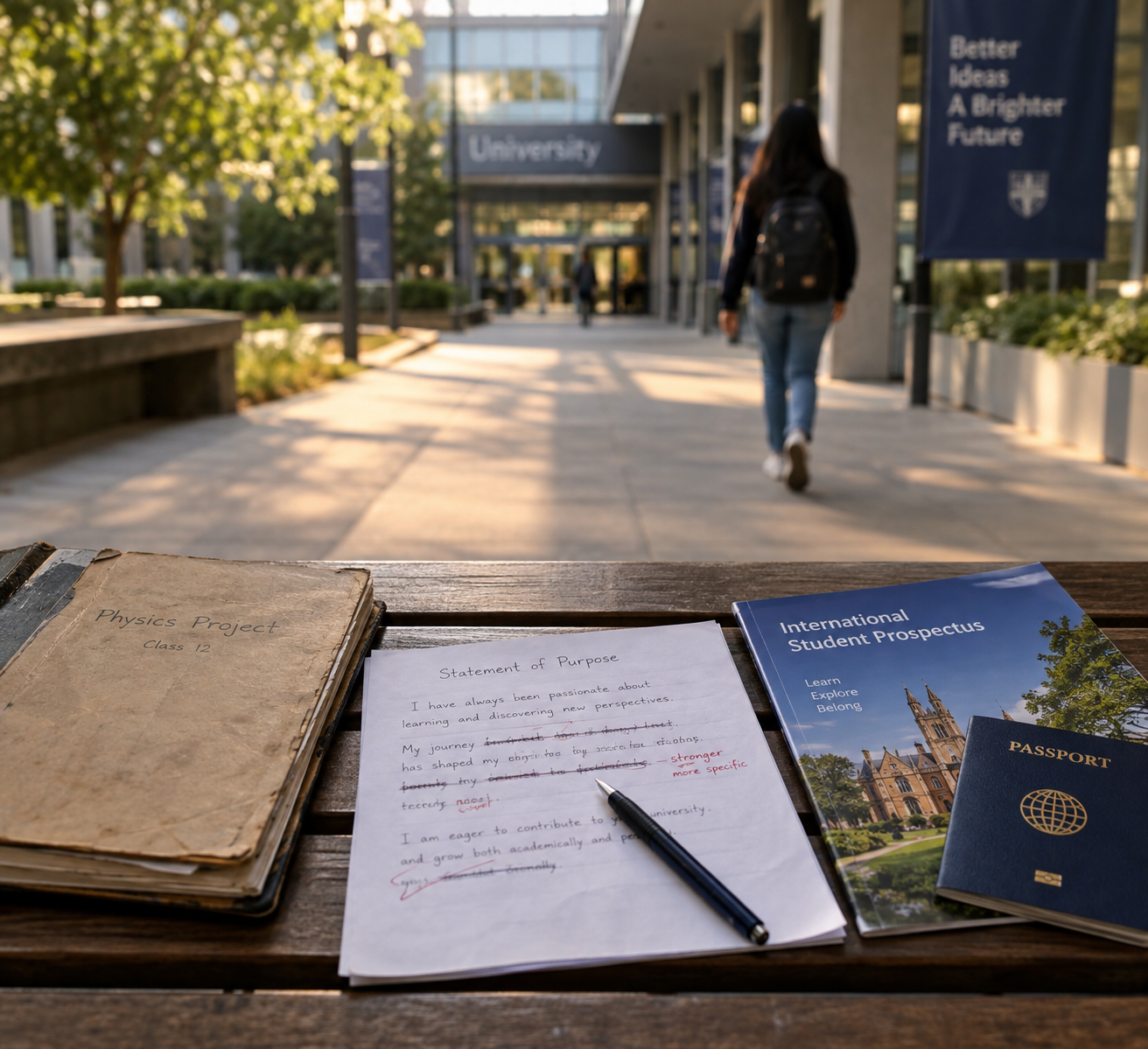 Close cinematic editorial scene of an international student walking toward a university building, with an old academic notebook, edited SOP page, university prospectus, and passport arranged in the foreground to symbolize the student’s past, present, and future.