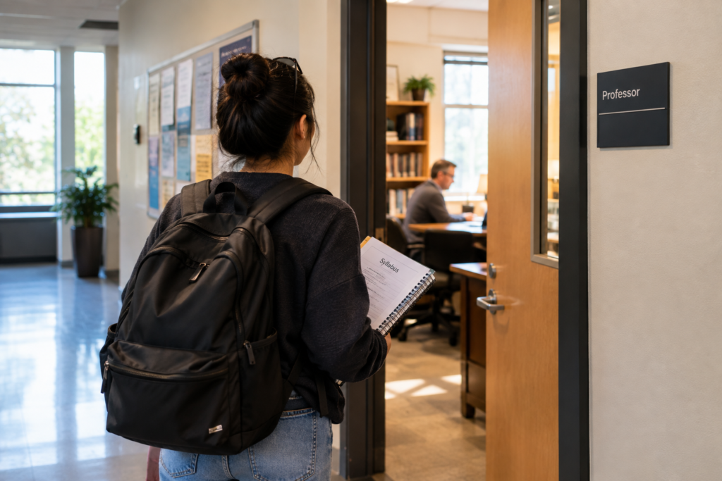 International student walking toward a professor’s office with a notebook and syllabus, ready to discuss an academic setback.
