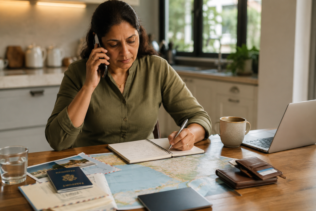 Parent calmly taking notes during an urgent phone call while reviewing travel documents and a map at home.
