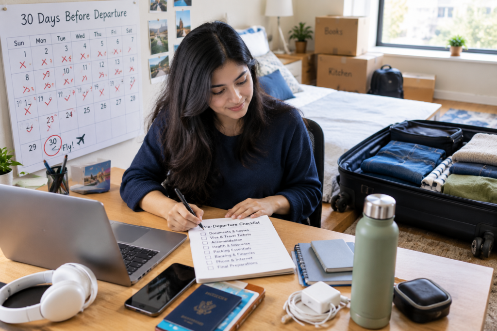 International student checking a pre-departure checklist 30 days before flying abroad