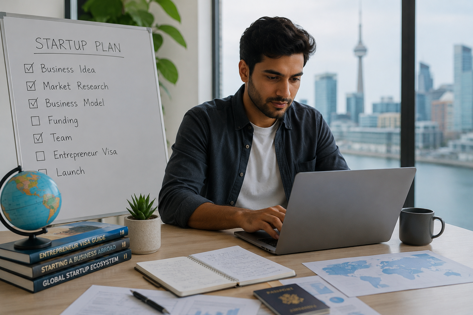 Entrepreneur working on a startup plan abroad with a laptop, world map, business documents, and visa-related materials on a desk.