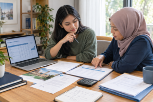 Southeast Asian student and parent reviewing education loan options, tuition costs, repayment plans, and university documents together at a table.