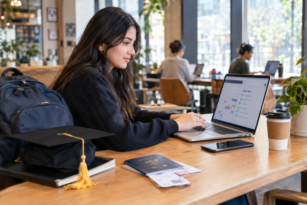 International graduate working remotely while transitioning from student to digital nomad visa