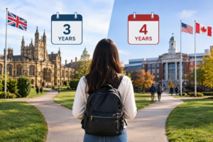 A student with a backpack stands at a forked path between a UK university campus representing a three-year degree and US and Canadian university campuses representing four-year degrees.