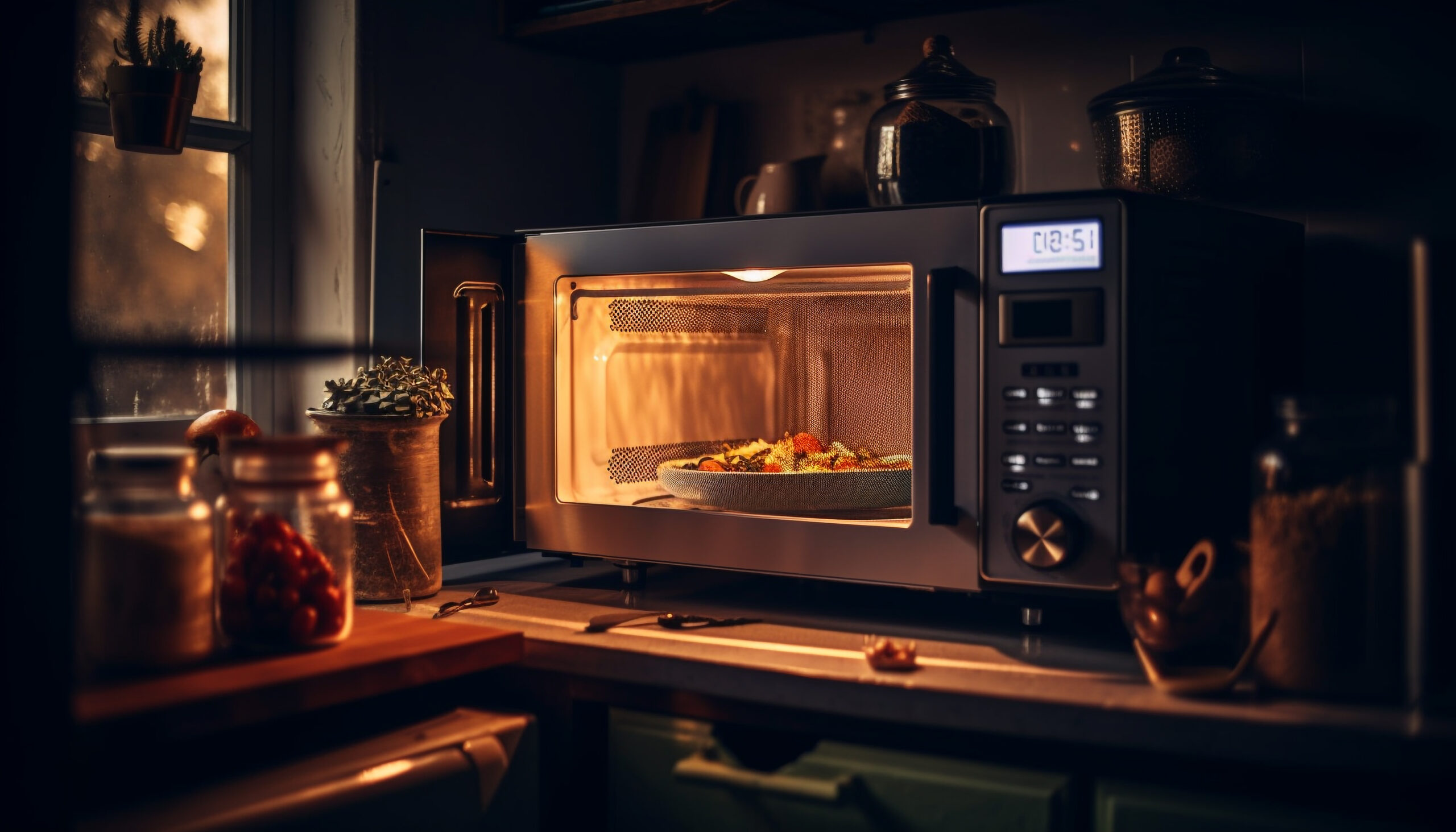 Microwave heating a plate of vegetables and food in a warmly lit kitchen.